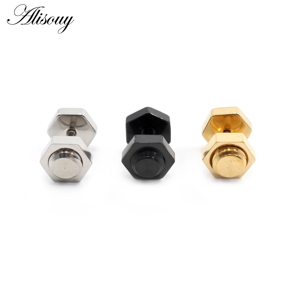 Alisouy 2pcs New Unisex Gothic Punk Rock Stainless Steel Hexagon Nail Screw Women Men Ear Stud Earrings Piercing Body Jewelry