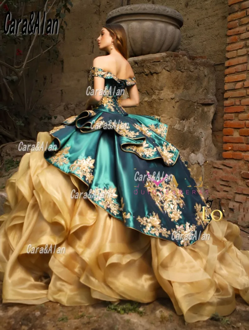 Vestidos De Quinceañera De oro mexicana, apliques De cuentas con hombros descubiertos, Charro, 15 Años, Organza, con volantes, 16 Vestidos