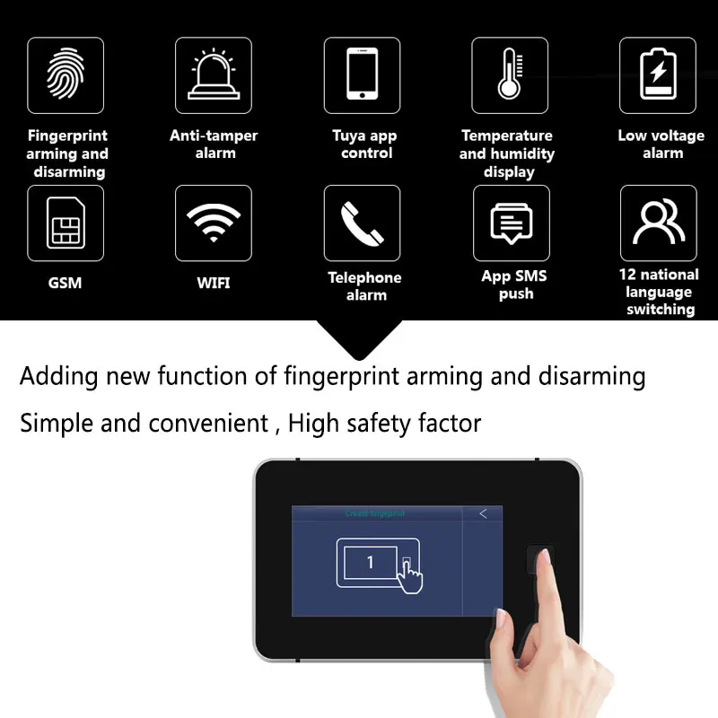 Tuya Wifi Wireless GSM Home Security Alarm System Temperature And Humidity Display Fingerprint Arming With 433Mhz Motion Sensor