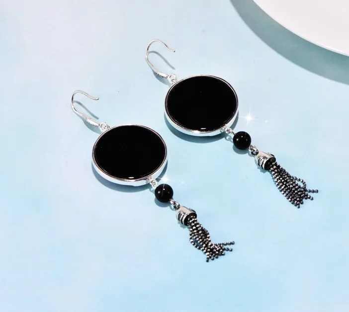 925 sterling silver exquisite atmosphere black agate tassel concentric knot women earrings