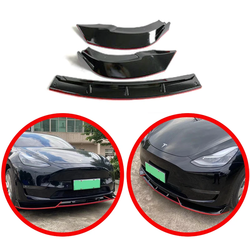 For Tesla Model Y Car Front Bumper Lip Automobile Skirt Protection Glossy Black With Red Edges ABS Feature Modified Accessories