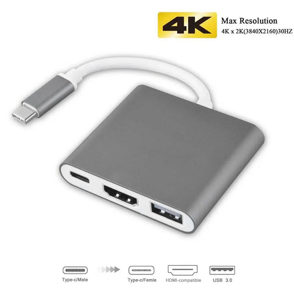 Кабель-конвертер 3 в 1 Type-C в HDMI, совместимый с устройствами Apple Macbook, USB 3,1, Thunderbolt 3, переключатель Type-C, 4K, концентратор 1080P