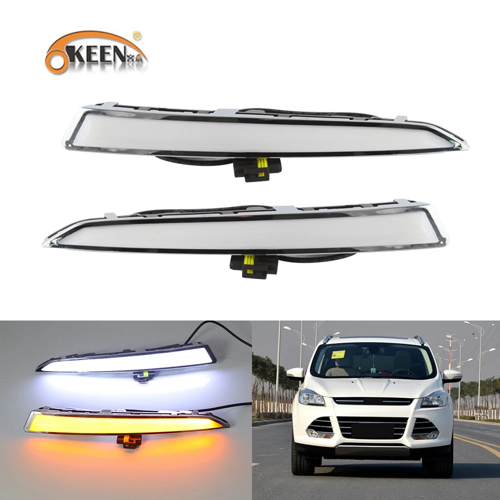 

OKEEN 2pcs LED Daytime Running Light For Ford Kuga Escape 2013 2014 2015 2016 Day Light White Turn Signal Light Yellow Fog Lamp