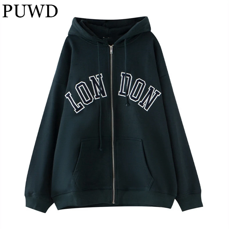 

PUWD Oversize Women Embroidery Fleece Hoodies 2022 Autumn Fashion Ladies Soft Cotton Loose Zipper Hoodie Girls Chic Sweatshirts