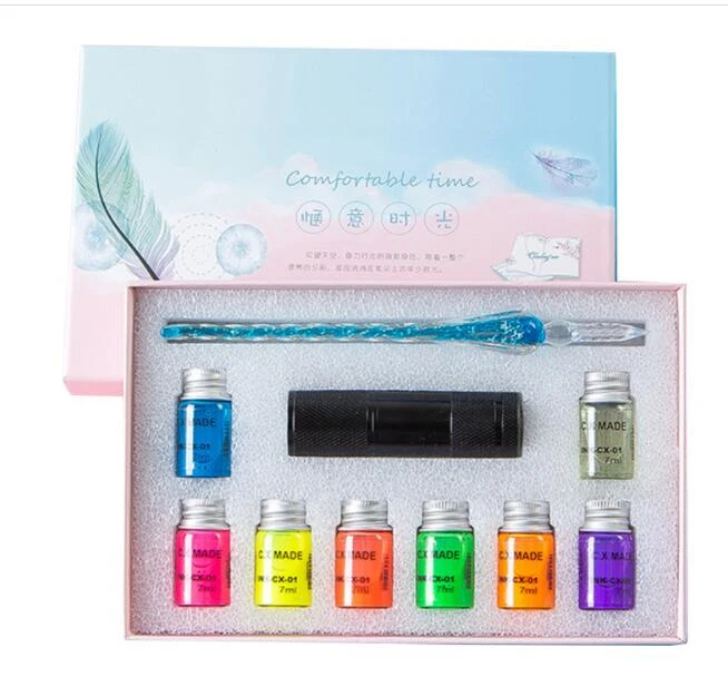 High Light Fluorescence Ink Glass Pen Gift Box Invisible Color Ink Dip Pen With UV Torch Gift Box