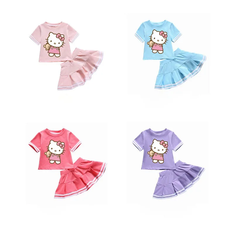 Hello Kitty Summer Girls Cartoon abito in due pezzi di cotone T-shirt a maniche corte girocollo per bambini + gonna a pieghe abito dolce carino