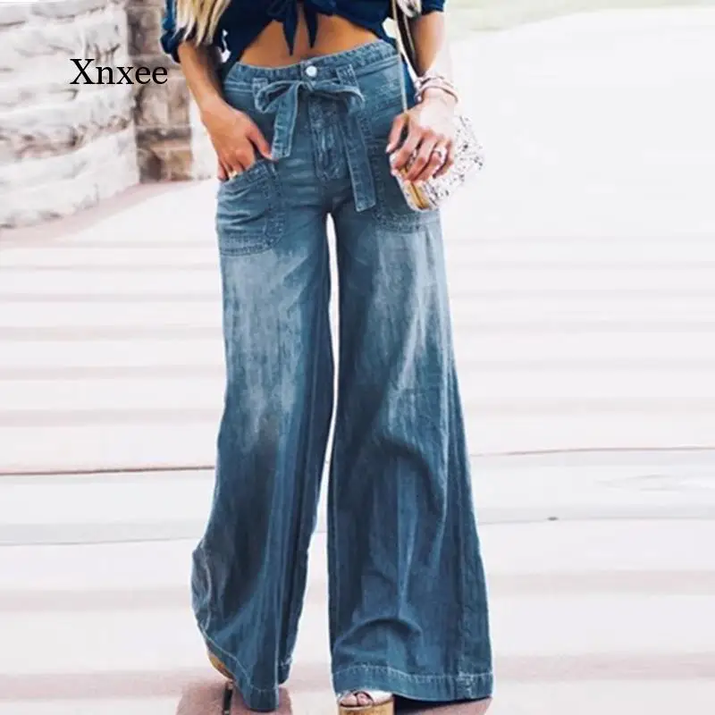 Spring and Autumn Women's Xl Jeans Women's Lace-Up Washed Wide Leg Pants Loose Cotton Casual Fashion Street Style