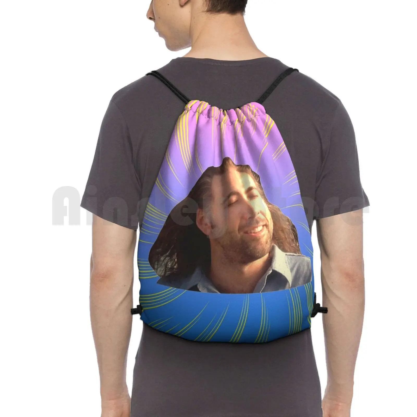 Nicholas Cage Vibing Backpack Drawstring Bags Gym Bag Waterproof Nicholas Cage Nick Cage Meme Anime Vibes Trending Cartoon