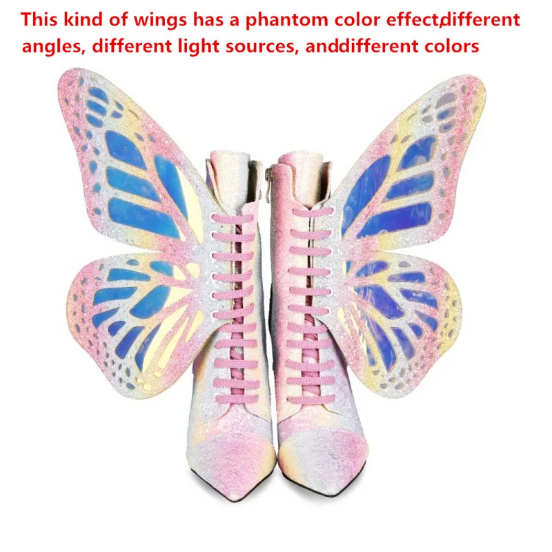 Butterfly High-Heeled Ankle Boots for Women, Pointed Toe Shoes, Lace-up Ankle Boots, Plus Size, European and American