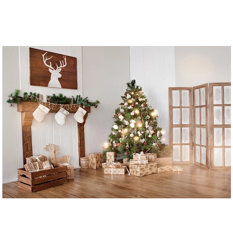 Mehofond X-mas Backdrop Christmas Tree Gift Wooden Floor Screen White Sock Decoration Photography Background for Photobooth