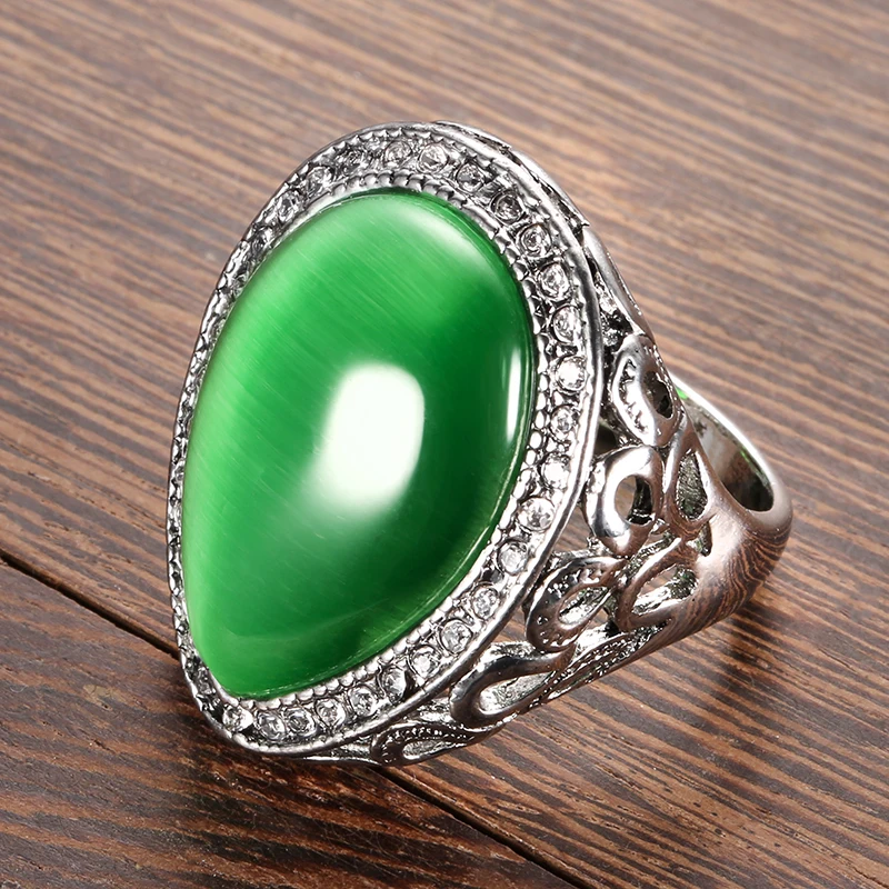 Kinel Female Water Drop Green Opal Big Rings Antique Silver Color Vintage Jewelry For Wedding Party Ring WK-2000