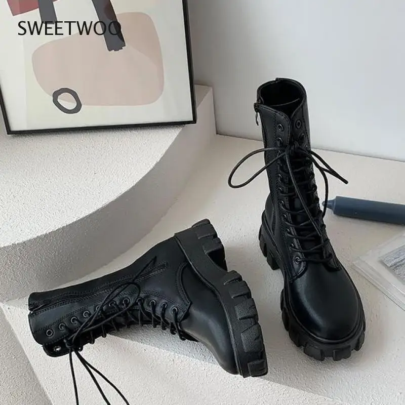 2021 New Mid Calf Boots Women Autumn Winter Fashion Lace-up Zipper Boots Sports Platform Heel Ladies Shoes