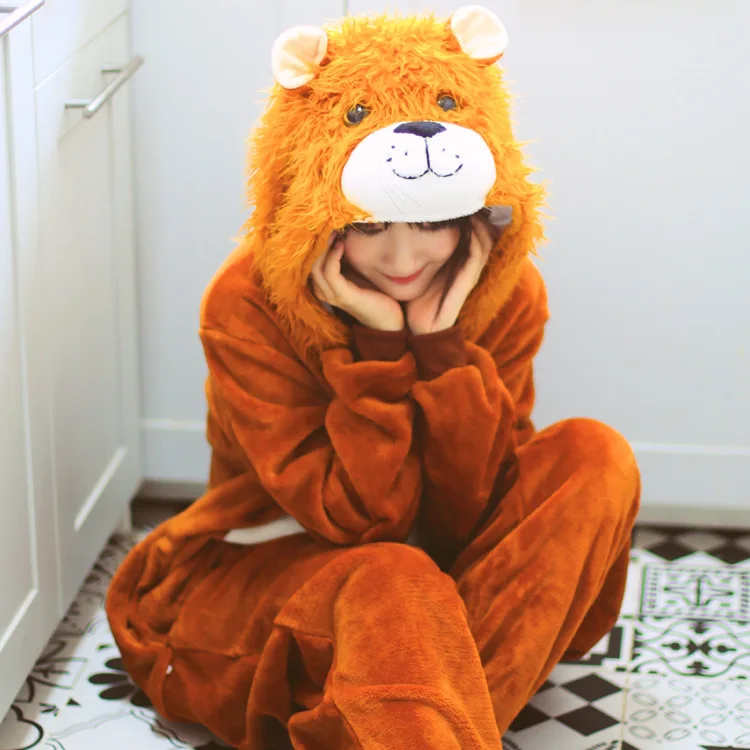 Adult Pajamas Kigurumi Winter Lion Onesies Sleepwear Sets Women Men Flannel Overalls Children Jumpsuit For Halloween Costume