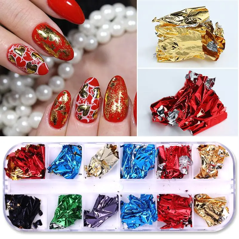 12 rejillas de papel de aluminio brillante para uñas, lentejuelas irregulares, dorado, rojo, diseño de verano, juego de escamas de brillo cromado de espejo, Gel de manicura DIY