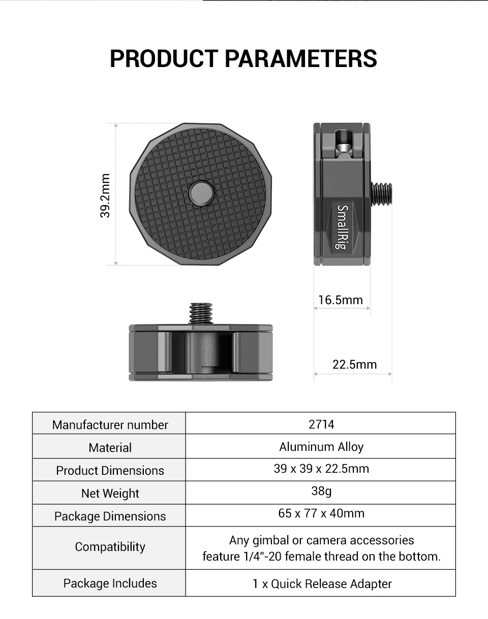 SmallRig Universal Quick Release Adapter Attach Mini Tripod to Gimbal Stabilizer for DJI RS / RSC RS 2/RSC 2/RS 3/RS 3 Pro 2714