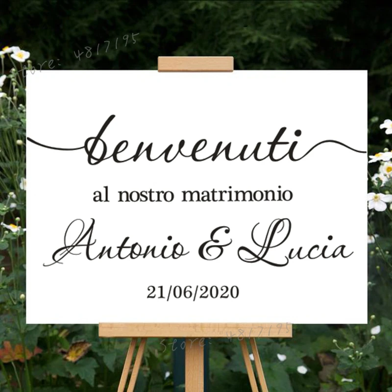 Italian Version Wedding Sign Stickers Custom Bride Groom Names Vinyl Mural Wedding Welcome Mirror Decals Décor AZ966