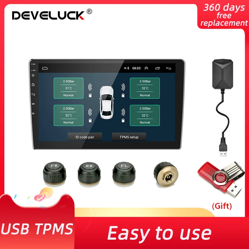 Develuck Android TPMS for Car Radio DVD Player Tire Pressure Alarm Monitoring System Temperature Warning with 4 Outside Sensors