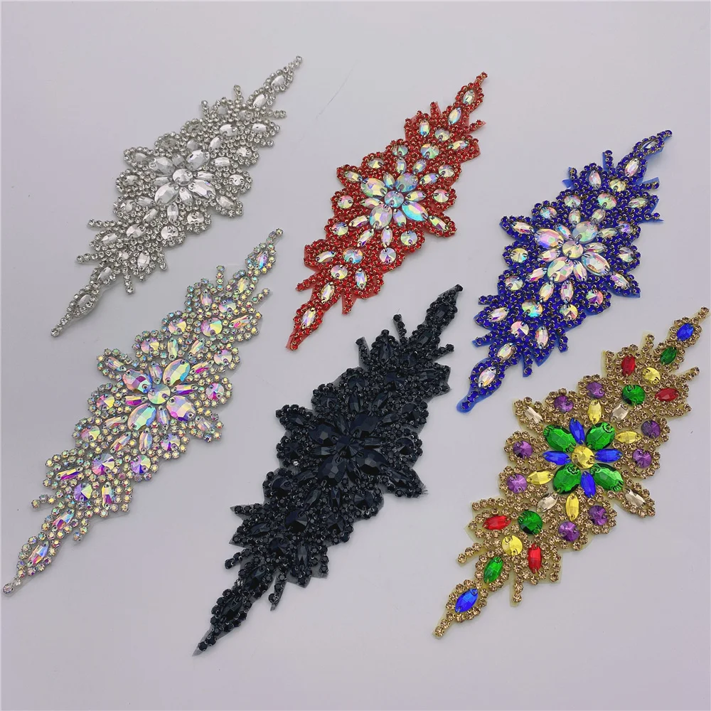 5pcs Handmade Crystal Beaded Rhinestone Applique Sew/Iron on Bridal Sash Belt Trim