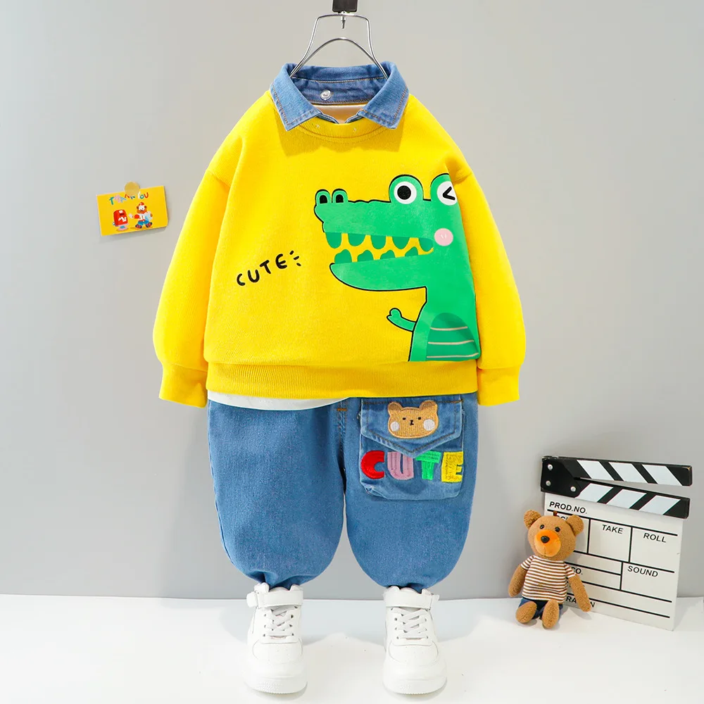 Baby Boys Clothes Set Newborn Infant Autumn Suit Cartoon Bear Sweatshirt Tops Jeans 2Pcs Outfits for Toddler Kids Sport Clothing