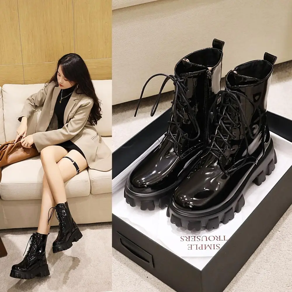 Women Boots Patent Leather Platform Shoes Brand Ankle Fashion High Heel Boots Women Autumn Winter Warm Platform Boots black red