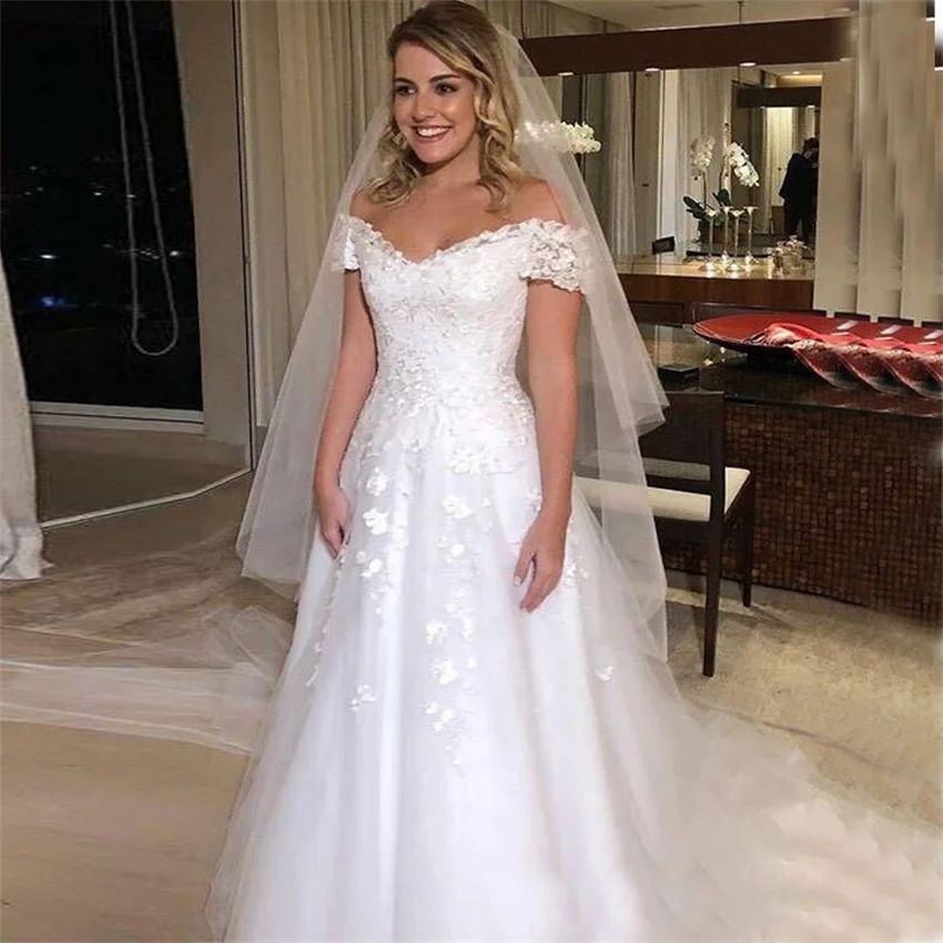 Vintage Nieuwe Collectie Off Shoulder Trouwjurken Korte Mouwen Lace Tulle A-lijn Bridal Dress Lace-Up Sweep Trein Bruiloft jurk