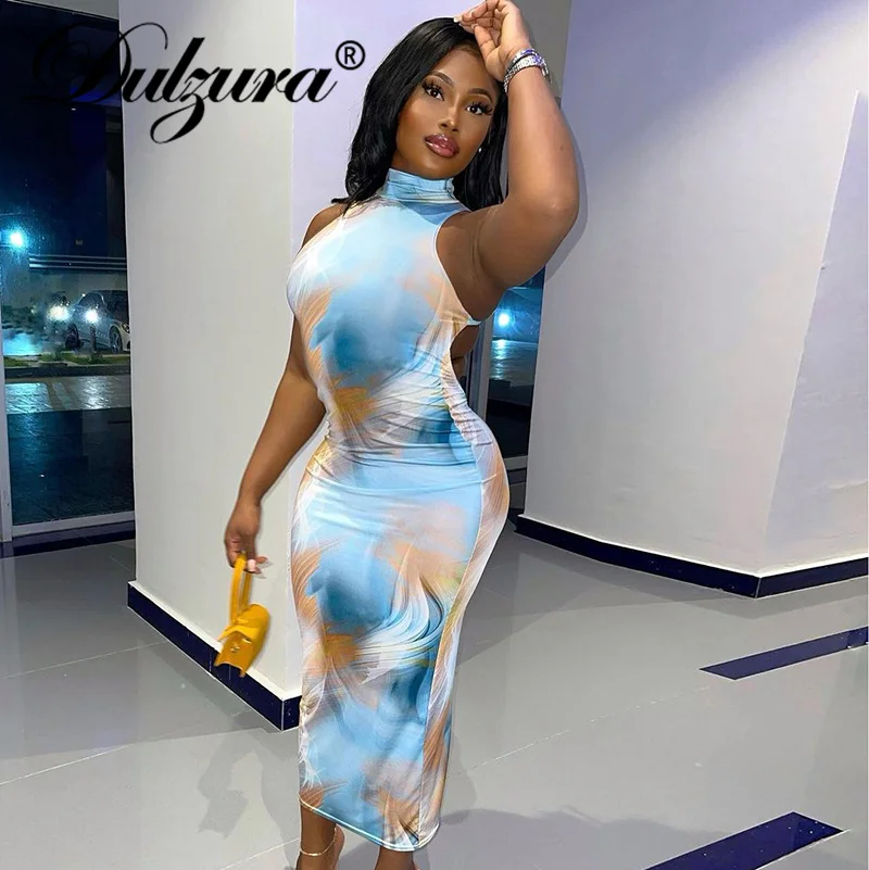 Dulzura Tie Dye Print Women Sleeveless Backless Midi Dress Bodycon Sexy Streetwear Party Elegant Club 2021 Autumn Winter Y2K