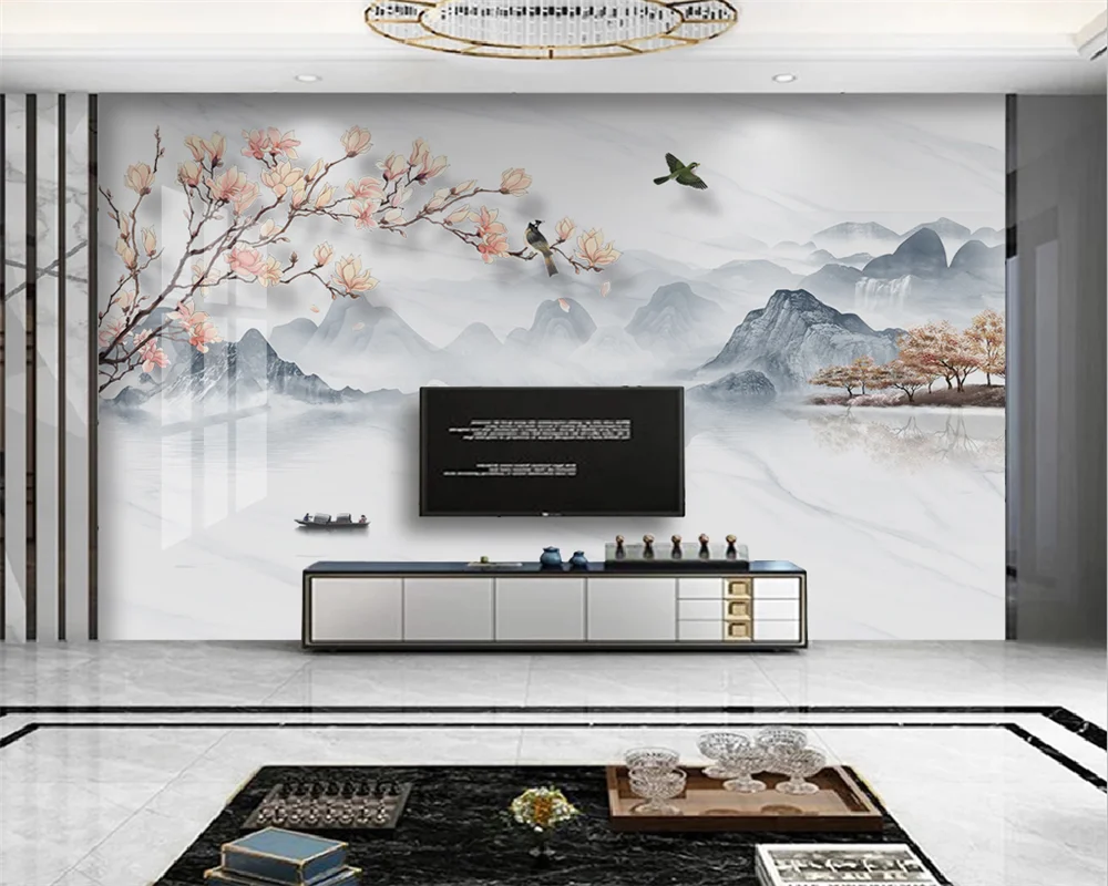 beibehang Customized modern new new Chinese style flower and bird landscape marble TV background papel de parede wallpaper