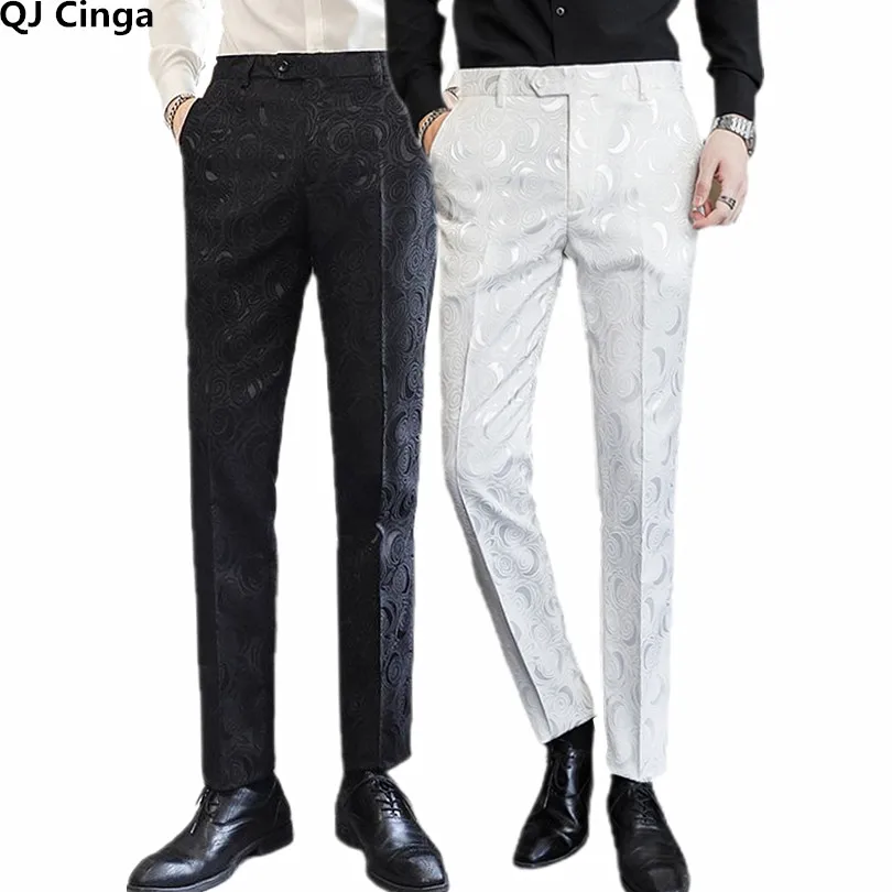 2026 New Men's White Rose Pattern Suit Pants, Business Office Trousers, Wedding Party Men Dress Pants Blue Pantalones Hombre