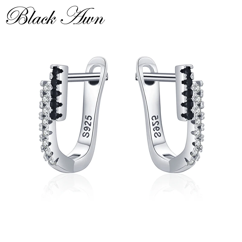 Black Awn Hoop Earrings for Women Classic Silver Color Trendy Spinel Engagement Fashion Jewelry I210