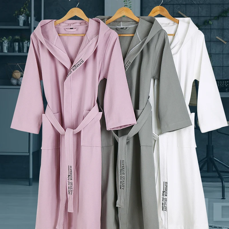 

Summer Women Waffle Bathrobe 100%Cotton Bridesmaid Long Hooded Bath Robe Men LightWeight Waffle Solid Dressing Gown Sleepwear