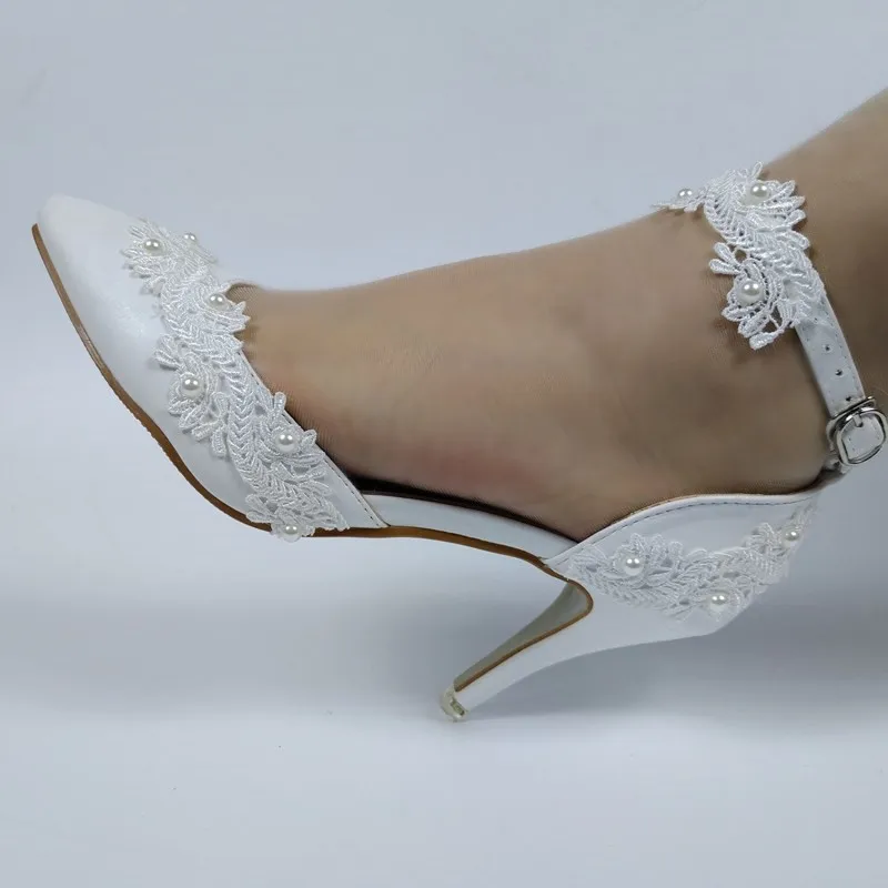 BaoYaFang High heels wedding shoes women's ankle buckle shoes sweet party shoes white lace pearl pointed shoes