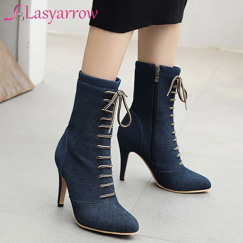 

Lasyarrow Boots Denim Women Ankle basic High Heels Pointed Toe Women Adult Blue Cross-tied Autumn Winter Fashion Boots Shoes