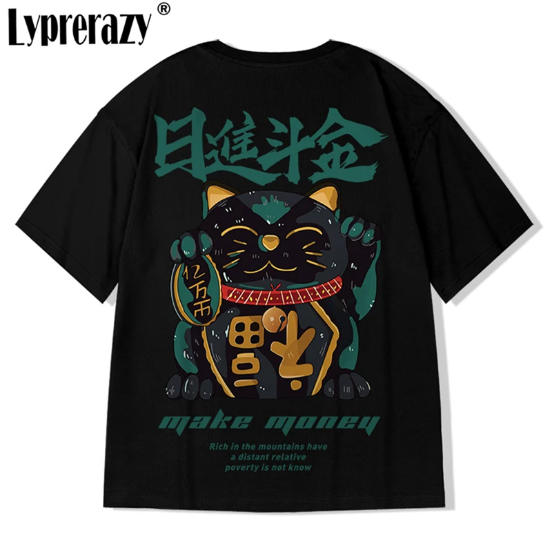 Lyprerazy Chinese Style Lucky Cat Print Men\'s Tshirt Summer Unisex Half Sleeve Cotton Tees Tops Streetwear Oversize T-shirt