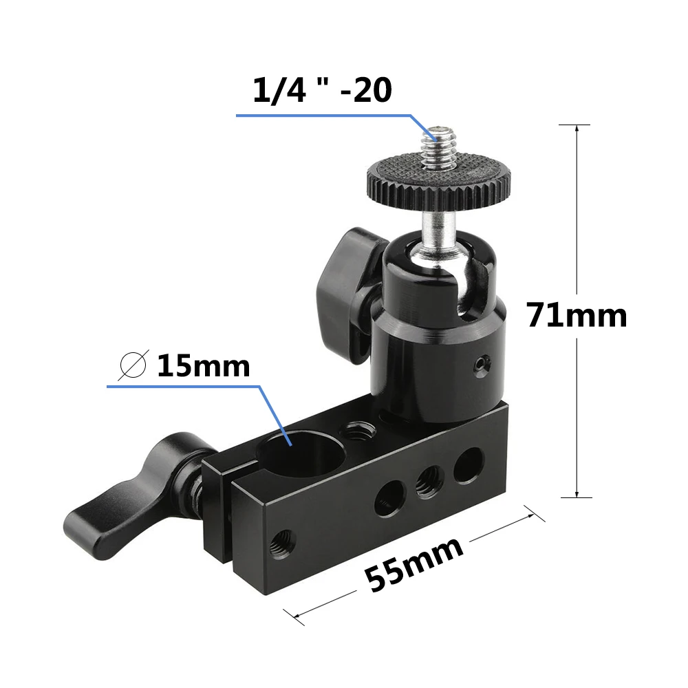 Braçadeira da haste de camvate 15mm única com montagem da cabeça da bola do giro de 360 ° & 1/4 "-20 rosca masculina para a luz do diodo emissor de luz/monitor/montagem da luz flash