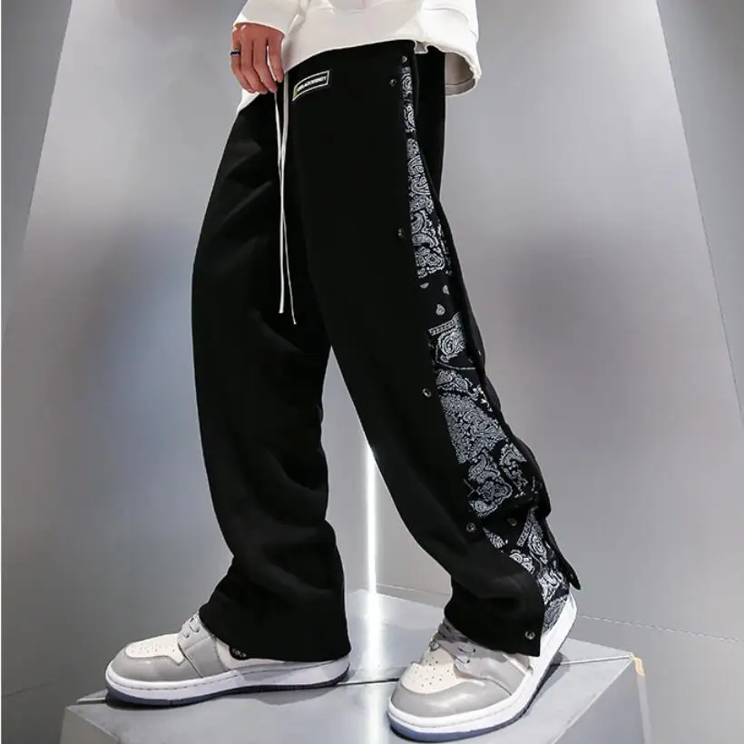 

2021 Spring Autumn Men's Pants Hip-hop Cashew Flower Stitching Straight Loose Sweatpants Wide-leg Casual Trousers Pantalon w1937