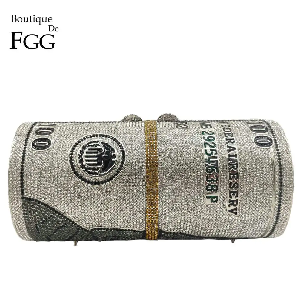 

Boutique De FGG Hand-Made Stack of Cash Round Women Crystal Evening Money Clutch Bags Diamond Minaudiere Party Handbags Purse