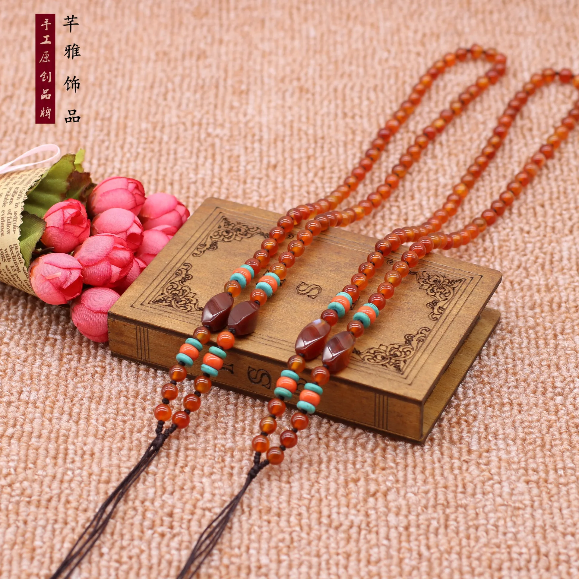 5Pcs/Lot Gold Gem Necklace Sweater Chain Pendant Rope Hand-woven Red Agate Beads Man Woman Homemade Jewelry DIY Material