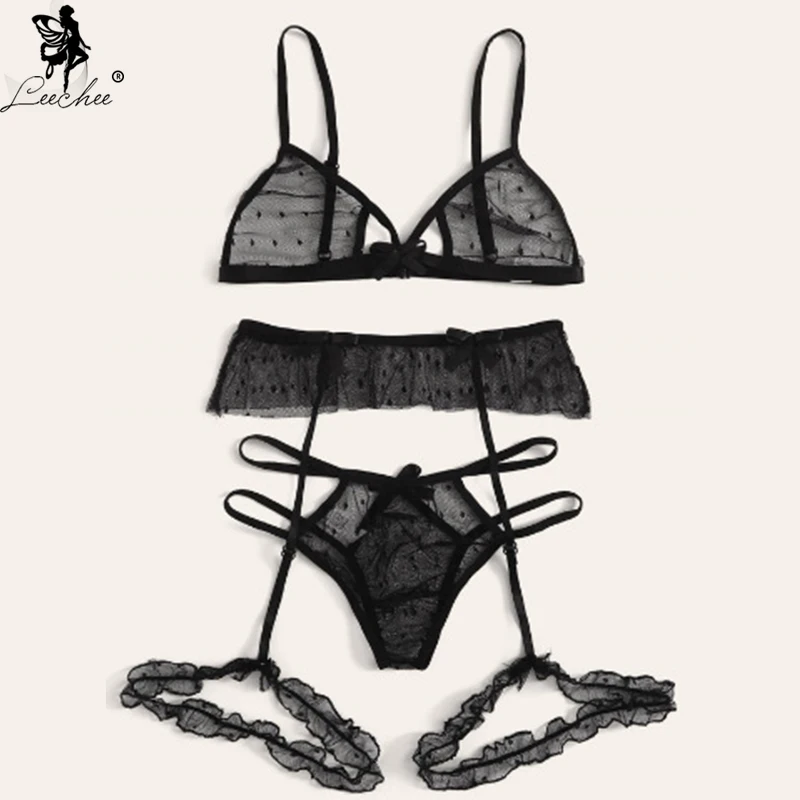 Leechee New Bra Set Sexy Lace Lingerie 3/4 Cup Bras For Women Three-point Suit Sexy Lntimates Dot Mesh Perspective Underwear Set