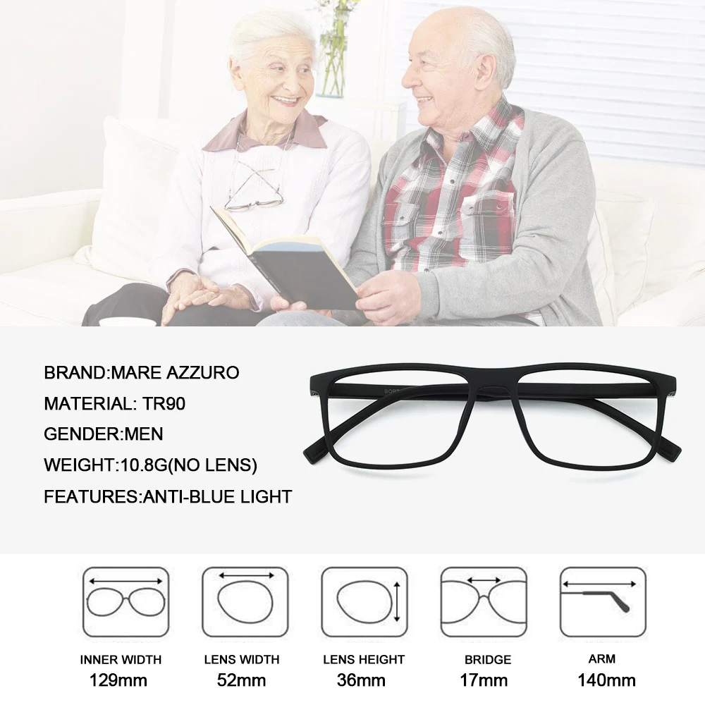 MARE AZZURO Reading Glasses Men TR90 Blue Light Frame Presbyopia Eyewear Computer Eyeglasses Frames Anti Glare +1.0 +1.5 To+6.0