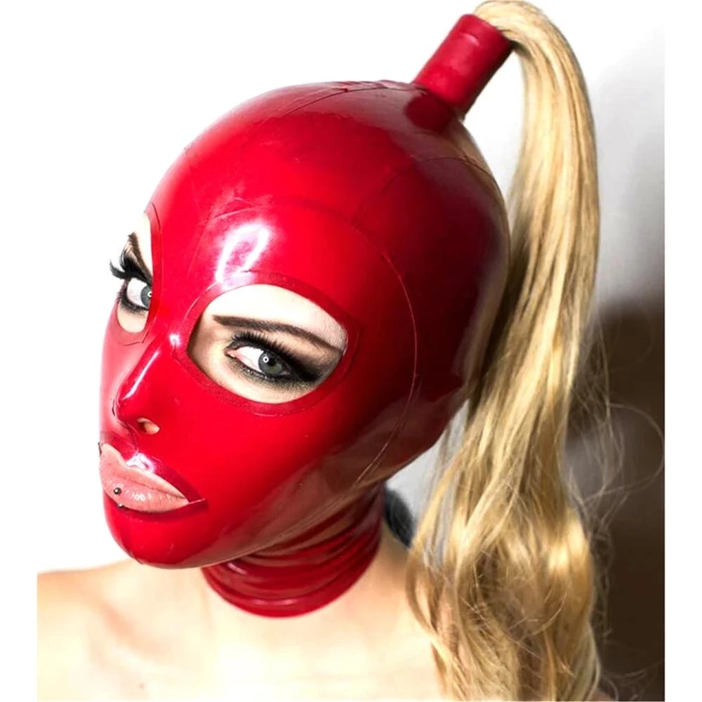 

Sexy Exotic Mask Handmade Red Latex Hoods with Blond Wig Tress Ponytail Club Wear Fetish Costumes Costomize Size XS-XL