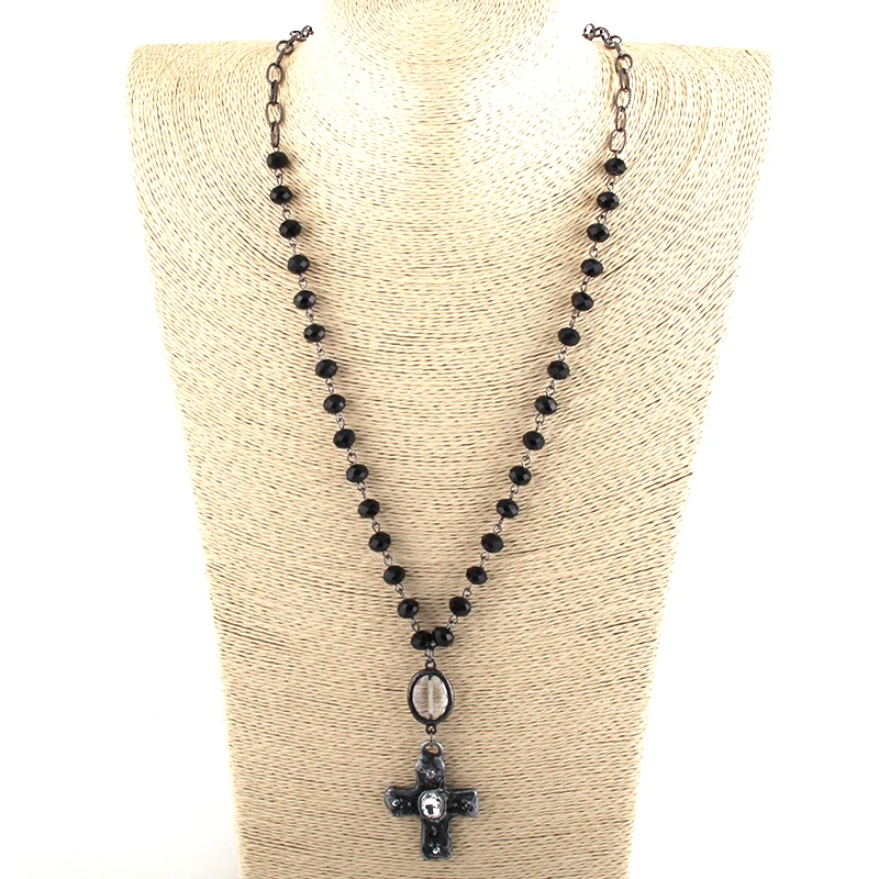 Fashion Bohemian Jewelry Black Gun Plated Chain Black Glass Rosary Chain Pendant Cross Necklaces