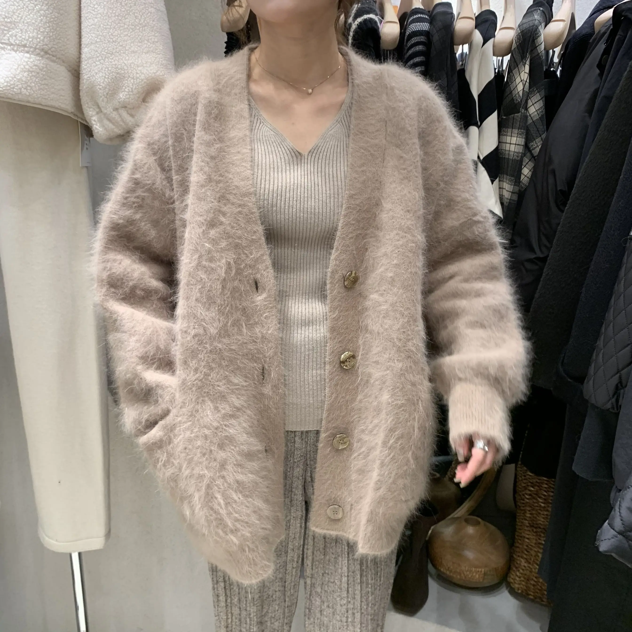 JSXDHK New Autumn Winter Loose Mink Cashmere Sweater Cardigan High Quality Women V Neck Single Breasted Thick Warm Lazy Cardigan