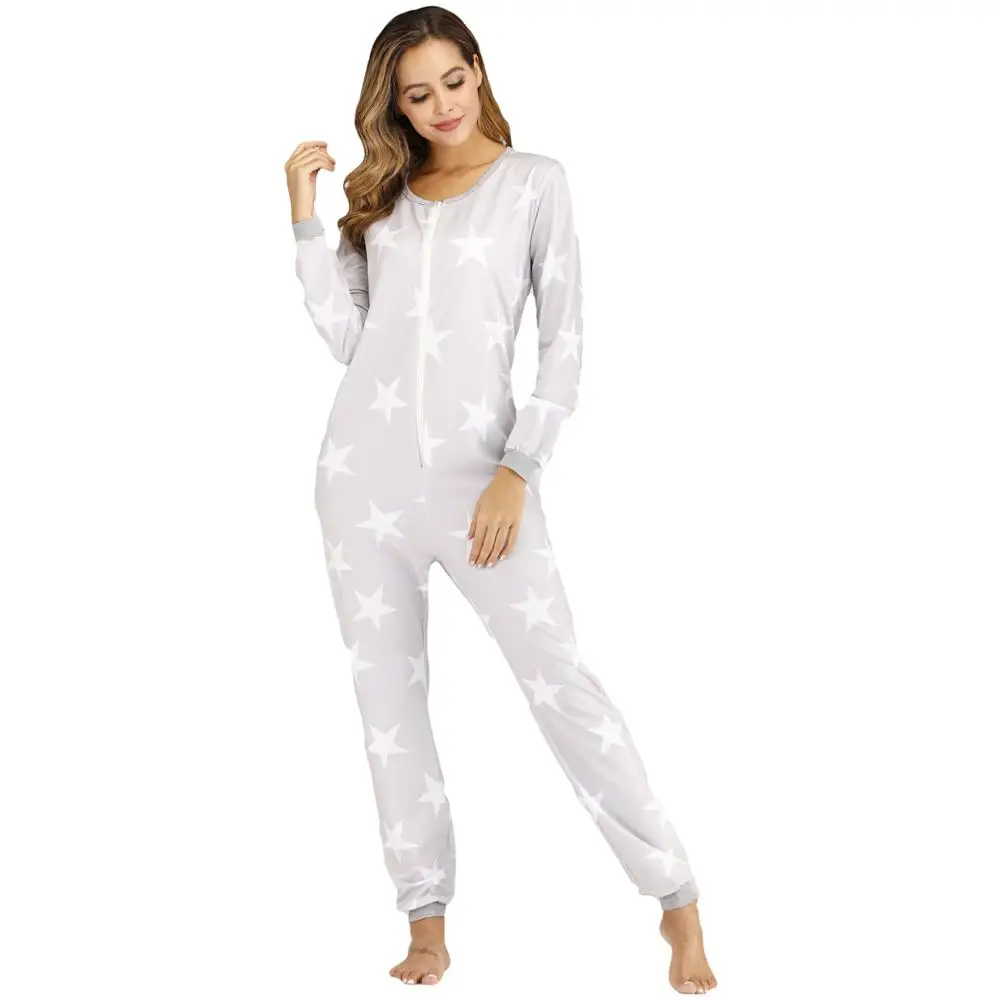 2020 Womens Pure Color Grey Zipper Sweatshirt One Piece Jumpsuit Pajama Warm Sleepwear Set