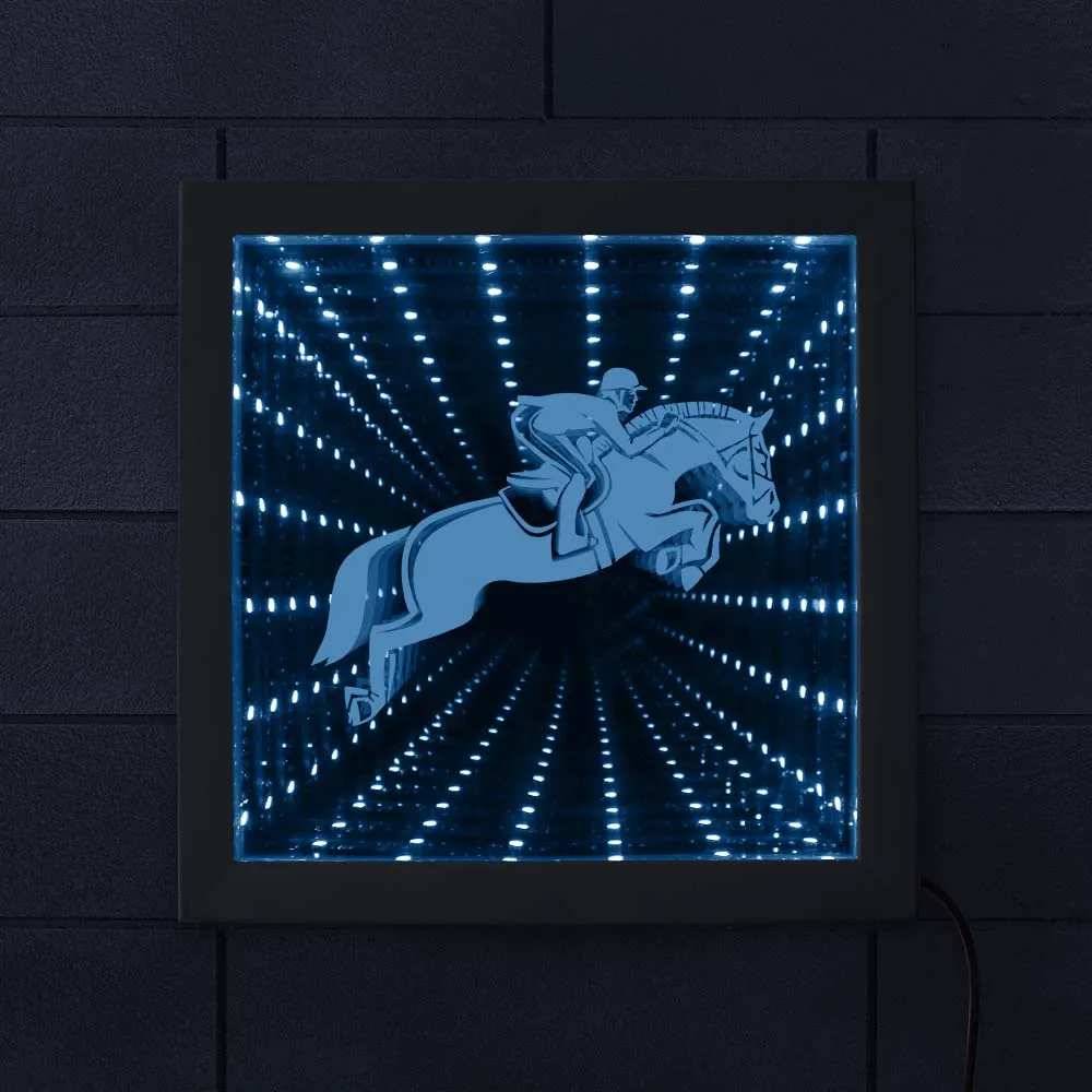 Riding Horse Equestrian Silhouette Color Changing Infinity Mirror Wood Frame Horse Racing Animated Neon Light LED Tunnel Lamp