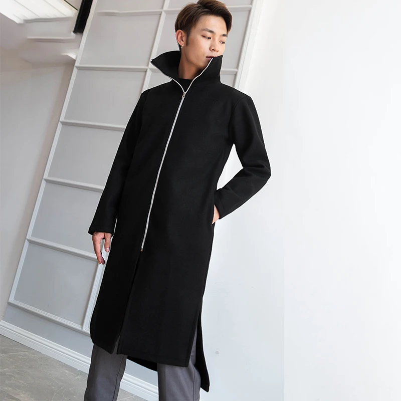 M-4XL male long section dark collar collar autumn and winter woolen coat thick Nizi coat slim split