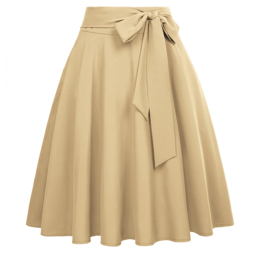 Womens Solid High Waist Tied Front Pleated Short Midi A-Line Skirt Black