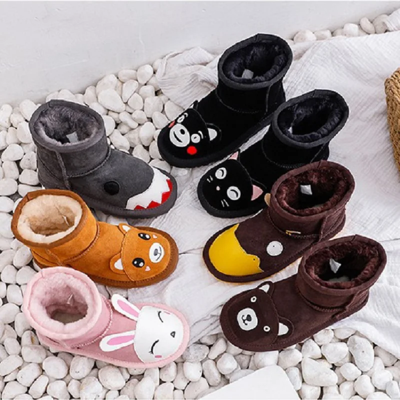 Children Snow Boots Lovely Cartoon Animal Pattern Kids Boots Genuine Leather Boys Girls Winter Plush Warm Non Slip Toddler Shoes