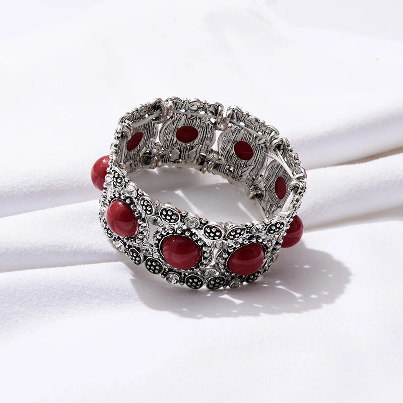 Fashion Boho Red Bead Elastic Bracelet & Bangle for Women Ethnic Vintage Silver Color Personality Bracelets Jhumka Jewelry Gift