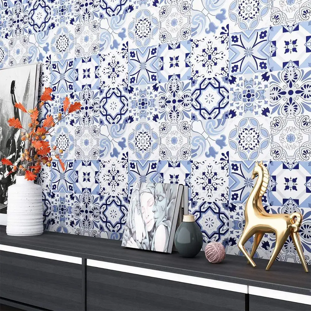 HaoHome Self Adhesive Contact Paper Backsplash Peel and Stick Wallpaper Moroccan Tile Waterproof Removable Blue Tile Wallpaper