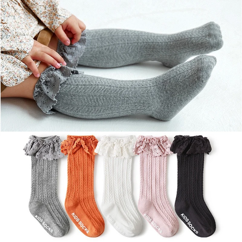 Baby Frilly Socks With Lace 0-3 Years Anti-slip Toddler Girls Long Sock Knee High Soft Cotton Kids Children Princess Socken